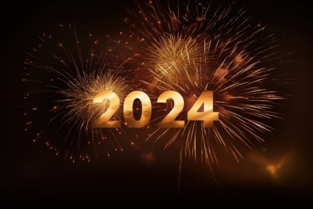Happy New Year 2024 party celebration with fireworks. Generative AI.の素材