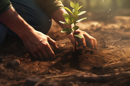 volunteers planting tree in the forest. AI Generative.の素材