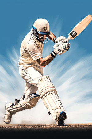 Cricket Batsman in Action on a professional cricket stadium . AI Generative.の素材