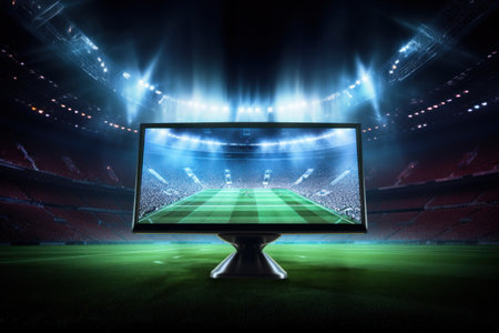 Champion football cup in football stadium, winner award. AI Generative.の素材