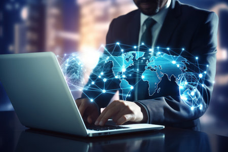 businessman typing on laptop Cybersecurity privacy of data protection on global logistic . AI Generative.の素材