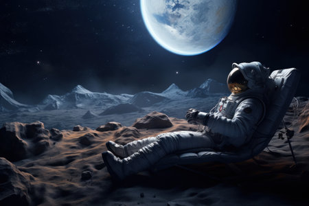 Astronaut lying down on bed with head resting. watching . Generative AI ..の素材