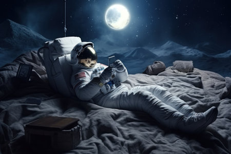 Astronaut lying down on bed with head resting. watching . Generative AI ..の素材