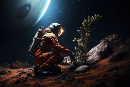 Astronaut plants seedlings of plants on the soil of another planet. AI generative.の素材