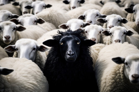 Black sheep in a flock of white sheep. AI Generative ..の素材