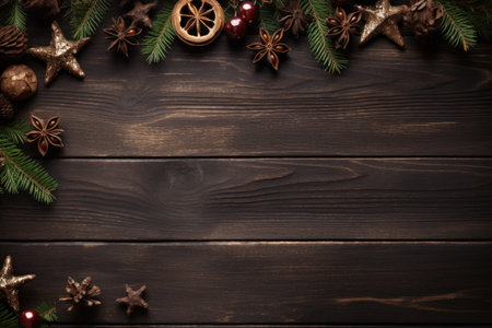 Christmas decorated wooden background with copy space, banner, poster. Generative AI.の素材