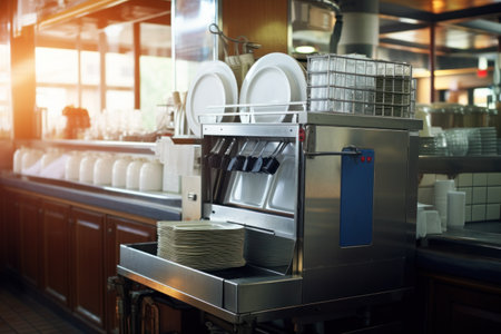 dishwasher with clean dishes on the kitchen background. Generative A.の素材