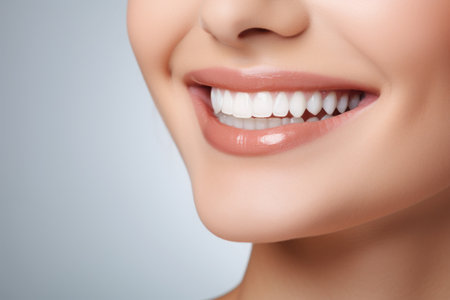Photo portrait of a person smiling with clean teeth isolated on white. AI generative.の素材