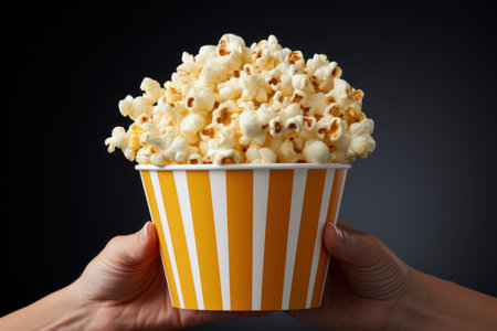 Close up on a red and white striped popcorn cup in a movie theater. Generative AI.の素材