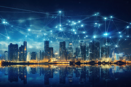 Smart city and big data concept. Futuristic cityscape at night. Generative AI.の素材