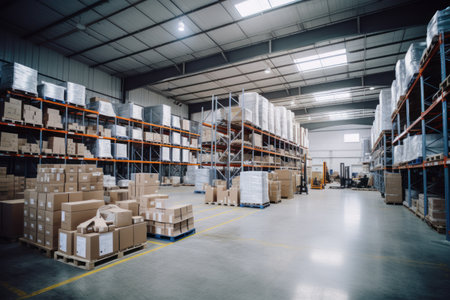 A large clean warehouse with shelves, cardboard boxes and products. Generative AI.の素材