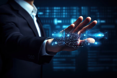 Hands of man touching on big data network connection background. AI generative.の素材