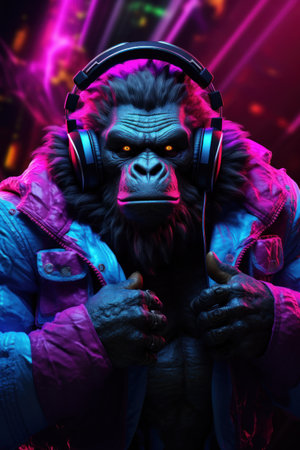 portrait of a party monkey ape with headphones on a colorful abstract background. AI generative.の素材