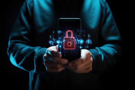 hacker on mobile phone with hoodie. Generative AI.の素材