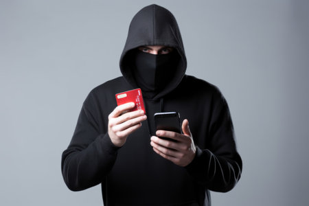 hacker on mobile phone with hoodie. Generative AI.の素材