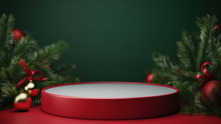 Red podium for product placement in Christmas theme, .Generative AI.の素材