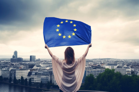 woman holding euro flag with euro city backgroud.AI generative.の素材
