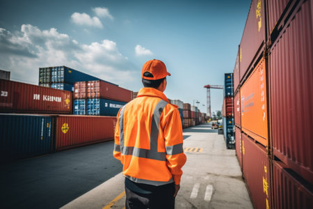 A man with safety move containers to maintain organization, transport, import and export, and cargo freight logistics. AI generative ..の素材