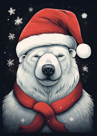 A white polar bear in a red Santa Claus hat. New year or Christmas concept. Generative AI.の素材