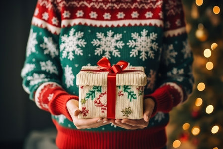 people wearing ugly sweater in circle hand united. Generative AI.の素材