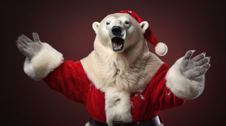 White polar bear in Santa clause hat in Christmas event .Generative AI.の素材