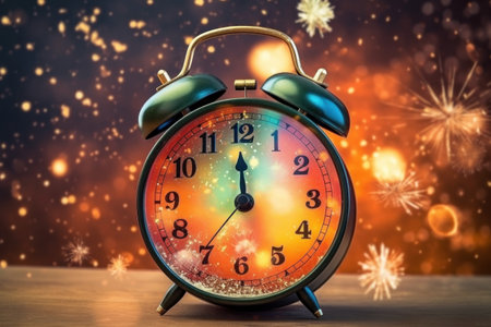 new year celebration countdown to midnight clock and fireworks. AI generative.の素材
