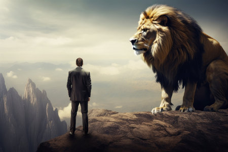 Fearless business leader standing by a large lion. Generative AI.の素材