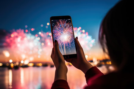 Woman take photo the fireworks display a night of celebration. Ai generated..の素材