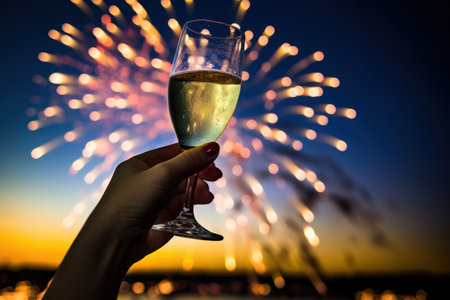 Champagne and fireworks new years and Christmas eve calibration. AI generative.の素材