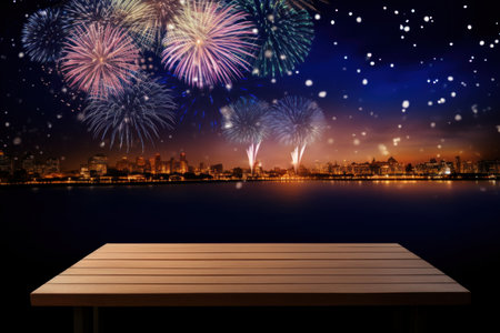 Champagne and fireworks new years and Christmas eve calibration. AI generative.の素材