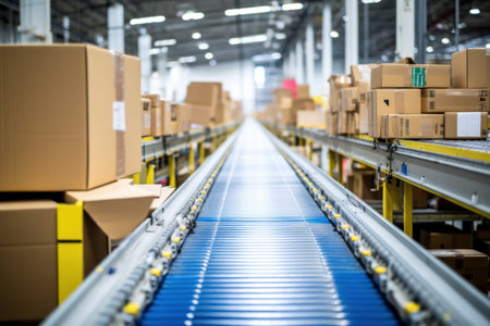 parcel box packages moving along a conveyor belt in a warehouse for e-commerce, delivery, automation, and products. Generative ai.の素材