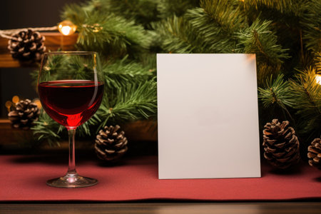 Christmas's Day Blank Greeting Card Mockup With red wine and Christmas decoration. Generative AI.の素材