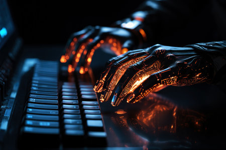 Robot AI hand using laptop, hacking system AI. generative AI.の素材