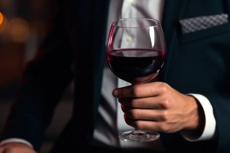 business man hands holding a red wine glass .generative ai.の素材