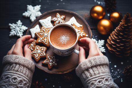 Woman hold A gingerbread man with hot chocolate on the Christmas decorations background. Generative AI.の素材
