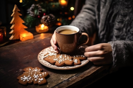 Woman hold A gingerbread man with hot chocolate on the Christmas decorations background. Generative AI.の素材