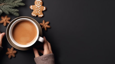 Woman hold A gingerbread man with hot chocolate on the Christmas decorations background. Generative AI.の素材