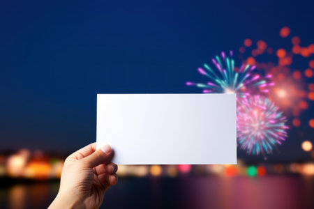 Woman holding white card on the fireworks display a night of celebration. Ai generated..の素材
