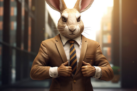 rabbit humanoid in Business Suit with mobile phone in city background, AI generative.の素材