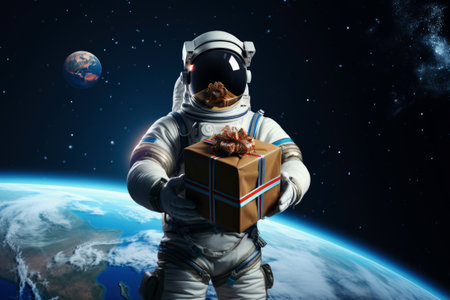 An astronaut holding a gift box on the moon, . Generative AI..の素材