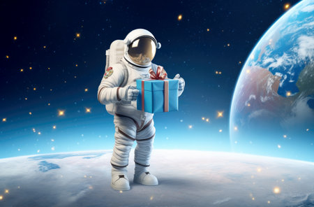 An astronaut holding a gift box on the moon, . Generative AI..の素材