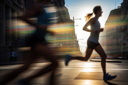 close up legs runner group running on sunrise seaside trail, AI generative.の素材