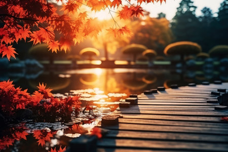 wooden bridge in a forest with fall leaves flowing and lake . AI Generative.の素材