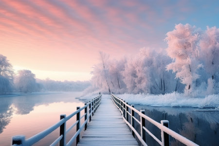Snowy, wooden bridge in a winter day. Generative Ai.の素材