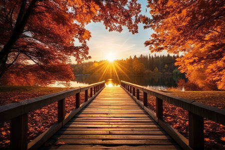 wooden bridge in a forest with fall leaves flowing and lake . AI Generative.の素材