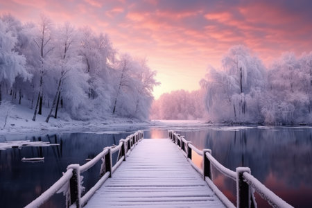 Snowy, wooden bridge in a winter day. Generative Ai.の素材