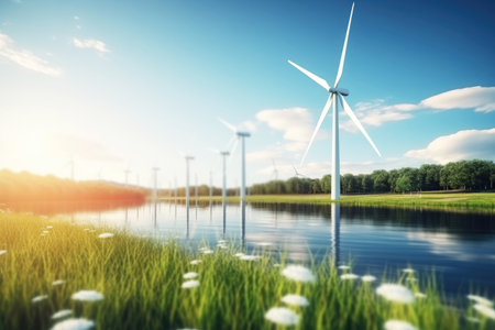 landscape with renewable and sustainable energy with wind turbines . generative ai.の素材
