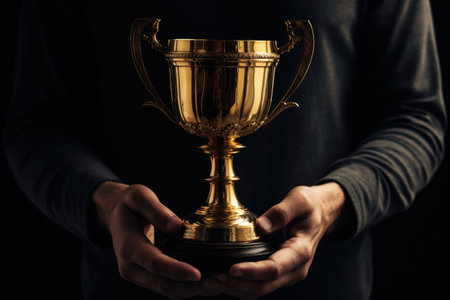 A man holding a gold trophy cup, generative AI illustration.の素材