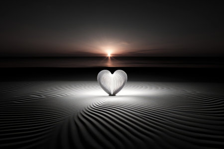 Valentines day on sunny beach. a colorful glass heart beach. Generative AI.の素材