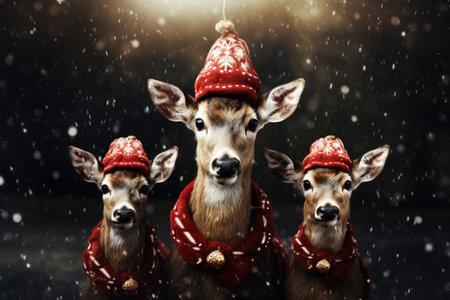 A deer in a red Santa Claus hat. New year or Christmas concept. Generative AI.の素材